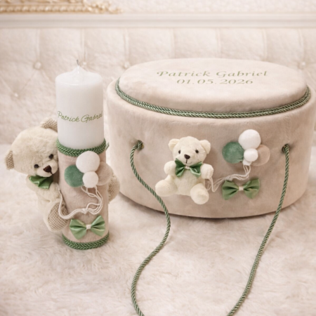 Trusouri botez baieti - Trusou botez elegant crem si olive cu ursulet