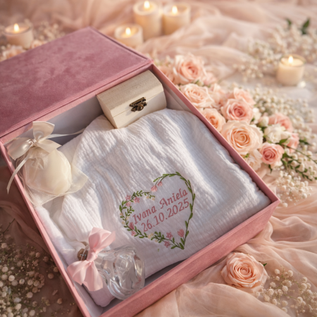 Trusouri botez fetite - Trusou botez roz inima - cutie din catifea