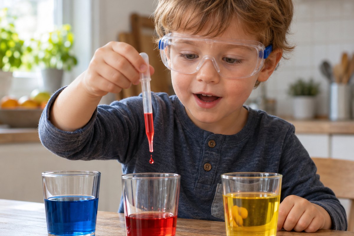 Copil de 4 ani cu ochelari de protecție care picură lichid colorat într-un pahar, la un experiment simplu