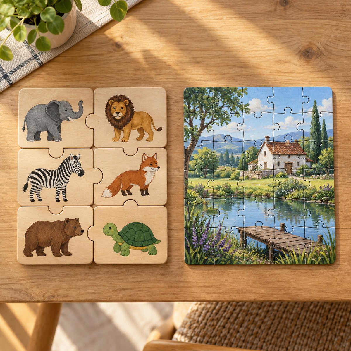 Două puzzle-uri de lemn alăturate: unul cu 6 piese mari cu animale întregi, celălalt cu 24 de piese mici