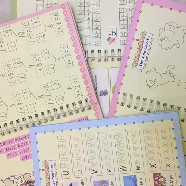 Set rechizite scolare cu 4 caiete de lucru in limba engleza pentru scris si desenat cu stiloul magic, multicolor,  19 cm X 13 cm, + rezerve stilou magic [8]