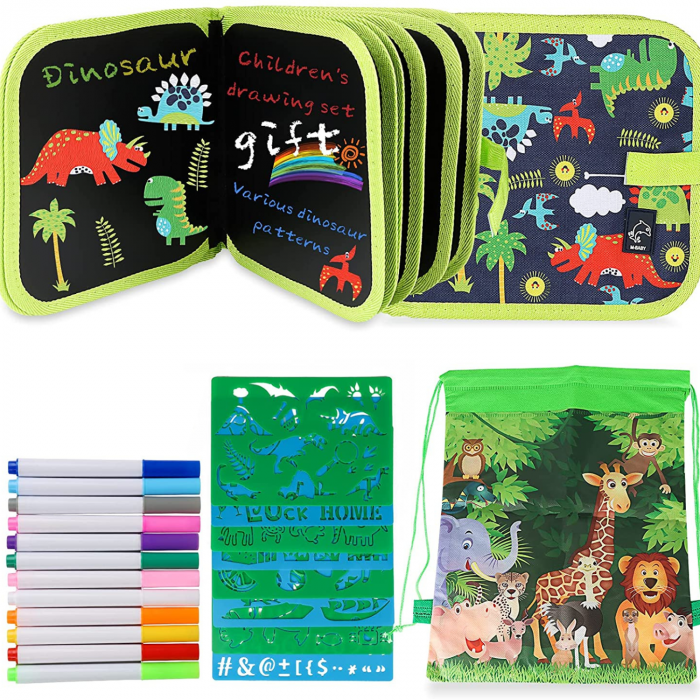 Set Carte de colorat si desenat reutilizabila, Simply Joy, carte cu activitati pentru copii 3 - 6 ani, set de pictura cu 14 pagini, peste 100 de forme de desen si rucsac, portabila,12 carioci pe baza [1]
