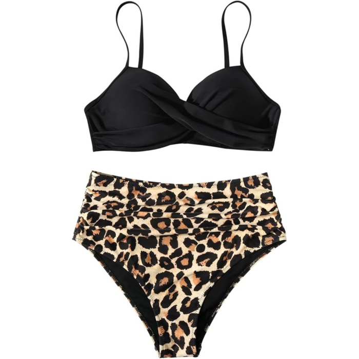 costum de baie 2 piese, negru cu imprimeu animal print [2]
