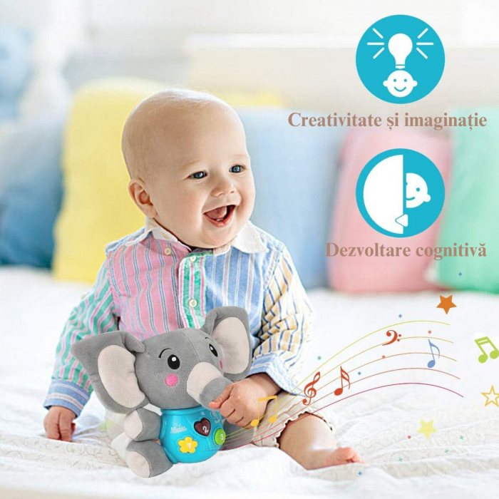 Jucarie pentru Bebelusi, Simply Joy, Elefant de Plus, cu Sunete si Lumini, pentru Fete si Baieti, Bebelusi de 6 luni, 9 luni, 12 luni, 1 an, 2 ani, Gri [5]