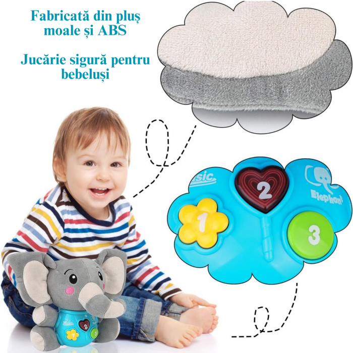 Jucarie pentru Bebelusi, Simply Joy, Elefant de Plus, cu Sunete si Lumini, pentru Fete si Baieti, Bebelusi de 6 luni, 9 luni, 12 luni, 1 an, 2 ani, Gri [6]