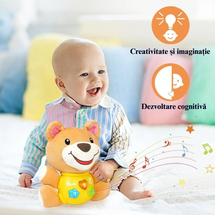Jucarie pentru Bebelusi, Simply Joy, Urs de Plus, cu Sunete si Lumini, pentru Fete si Baieti, Bebelusi de 6 luni, 9 luni, 12 luni, 1 an, 2 ani, Maro [3]