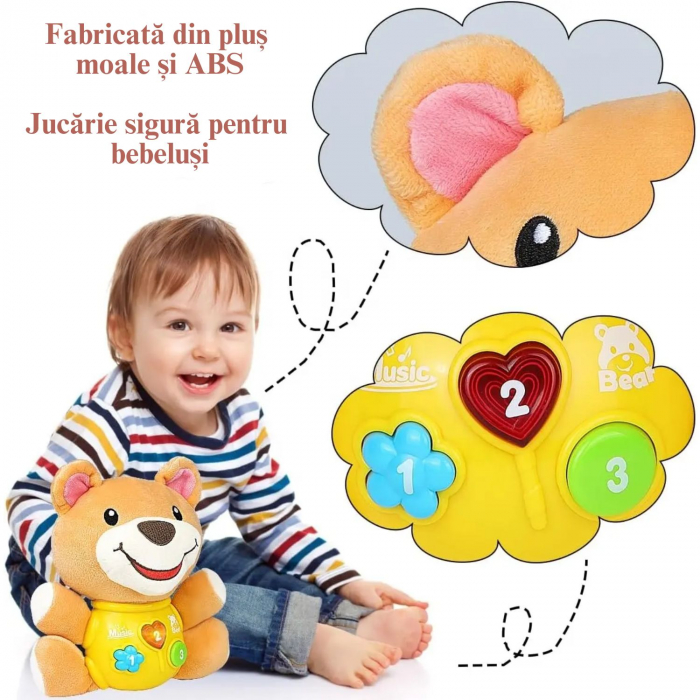 Jucarie pentru Bebelusi, Simply Joy, Urs de Plus, cu Sunete si Lumini, pentru Fete si Baieti, Bebelusi de 6 luni, 9 luni, 12 luni, 1 an, 2 ani, Maro [4]