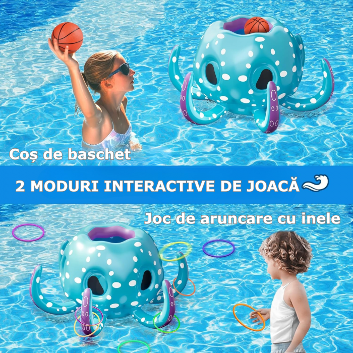 Jucarie pentru piscina Simply Joy, Caractita 2 in 1, colac gonflabil si joc de apa, cos de baschet si joc de aruncat inele, jucarie in aer liber piscina sau curte, albastru [3]