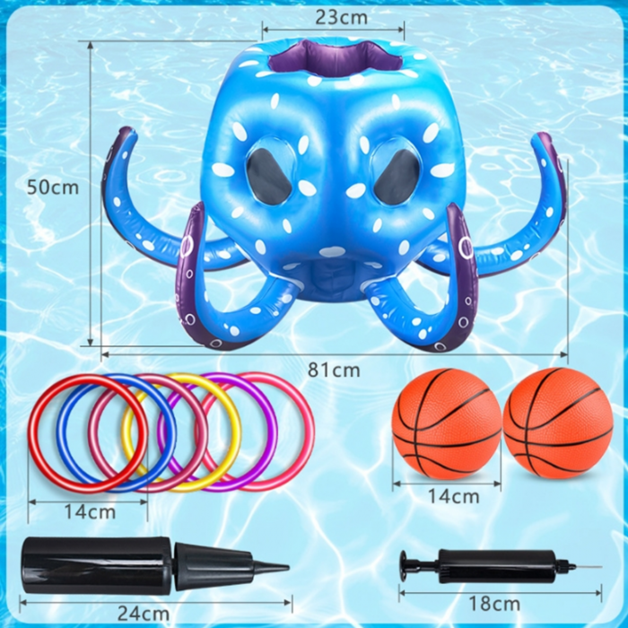 Jucarie pentru piscina Simply Joy, Caractita 2 in 1, colac gonflabil si joc de apa, cos de baschet si joc de aruncat inele, jucarie in aer liber piscina sau curte, albastru [6]