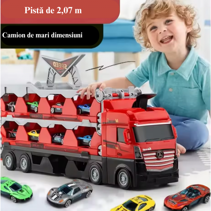 Jucarie Set Camion Trailer pentru Transport Masinute de curse, Simply Joy®, Tir cu 16 Masini Incluse pentru Copii de 3, 4, 5, 6 ani, Catapultare Vehicule, Platforma si Pista de curse, Prelungire 2.07m [3]