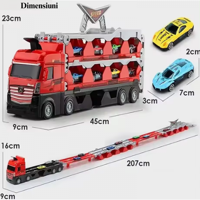Jucarie Set Camion Trailer pentru Transport Masinute de curse, Simply Joy®, Tir cu 16 Masini Incluse pentru Copii de 3, 4, 5, 6 ani, Catapultare Vehicule, Platforma si Pista de curse, Prelungire 2.07m [9]