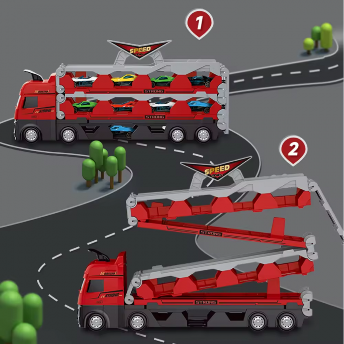 Jucarie Set Camion Trailer pentru Transport Masinute de curse, Simply Joy®, Tir cu 16 Masini Incluse pentru Copii de 3, 4, 5, 6 ani, Catapultare Vehicule, Platforma si Pista de curse, Prelungire 2.07m [6]