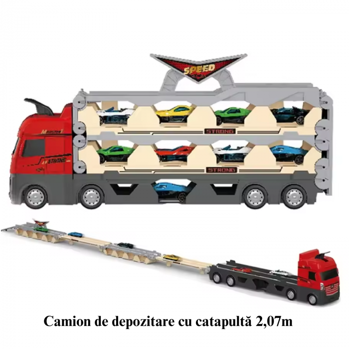Jucarie Set Camion Trailer pentru Transport Masinute de curse, Simply Joy®, Tir cu 16 Masini Incluse pentru Copii de 3, 4, 5, 6 ani, Catapultare Vehicule, Platforma si Pista de curse, Prelungire 2.07m [2]
