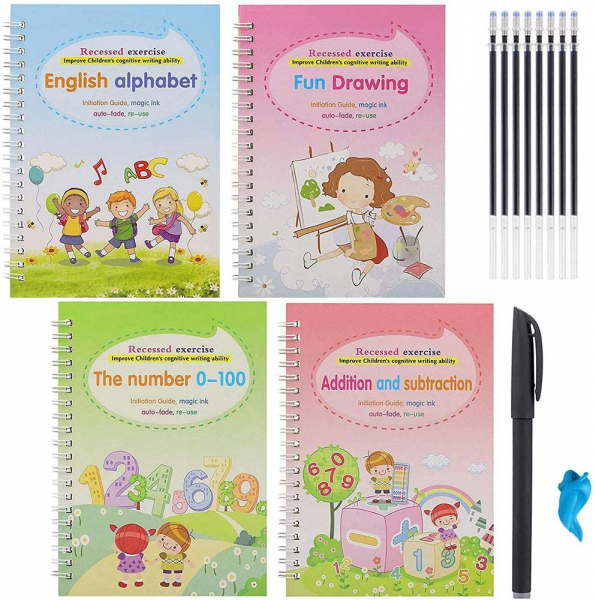 Set rechizite scolare cu 4 caiete de lucru COPYBOOK tip Sank Magic, alfabetul englez, numere, matematica, pictura si desen, multicolor, 19 cm X 13 cm + rezerve stilou magic [10]