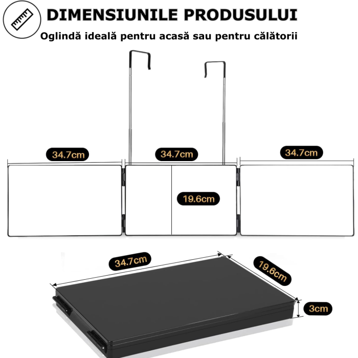 Oglinda Cosmetica Iluminata Led 360° Simply Joy® Anti Aburire, Portabila, Sistem Agatare, Pliabila, Lungime Reglabila, Oglinzi Cosmetice pentru Coafor, Barbierit, Vopsit, Tuns si Machiaj, ABS, Negru [6]