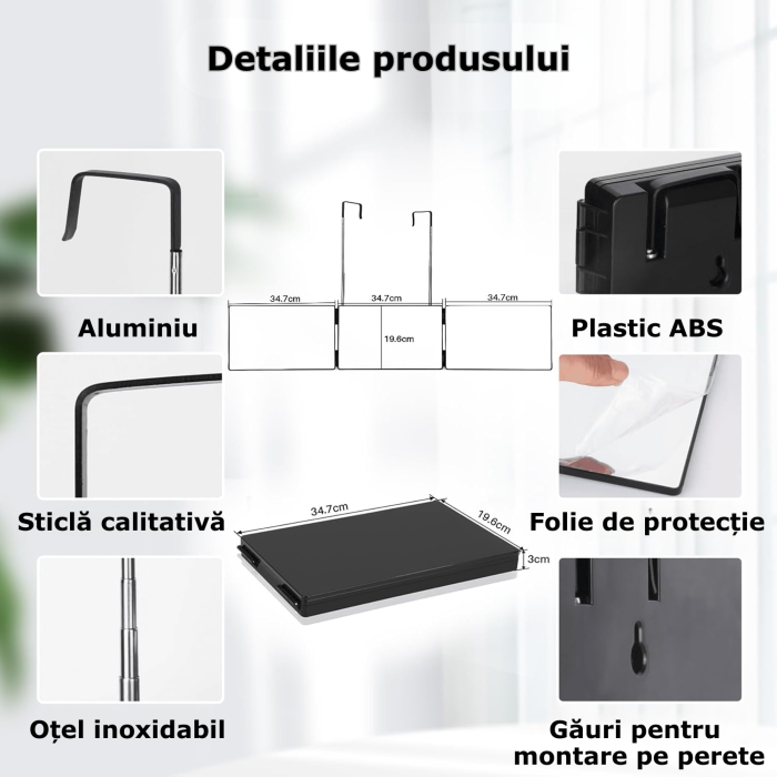 Oglinda Cosmetica Iluminata Led 360° Simply Joy® Anti Aburire, Portabila, Sistem Agatare, Pliabila, Lungime Reglabila, Oglinzi Cosmetice pentru Coafor, Barbierit, Vopsit, Tuns si Machiaj, ABS, Negru [3]