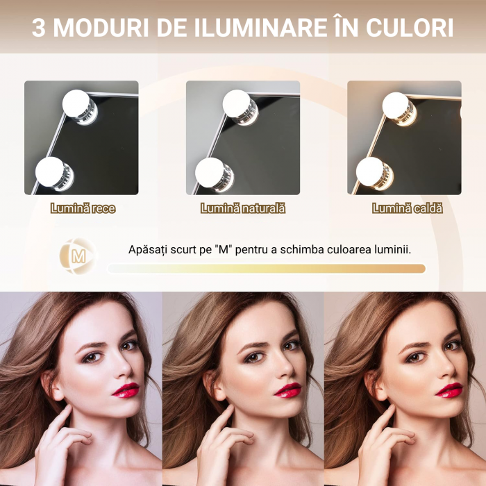 Oglinda machiaj profesionala, Simply joy, cu 15 becuri led si touch, 3 tipuri de lumina, intensitate reglabila, 58 x 46 x 12 cm, Alba [5]