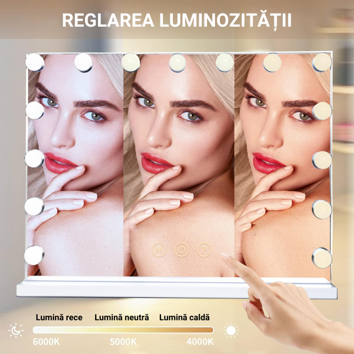 Oglinda machiaj profesionala, Simply joy, cu 15 becuri led si touch, 3 tipuri de lumina, intensitate reglabila, 58 x 46 x 12 cm, Alba [3]