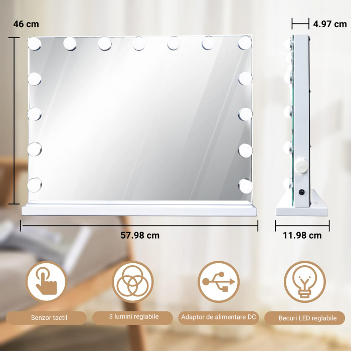 Oglinda machiaj profesionala, Simply joy, cu 15 becuri led si touch, 3 tipuri de lumina, intensitate reglabila, 58 x 46 x 12 cm, Alba [4]