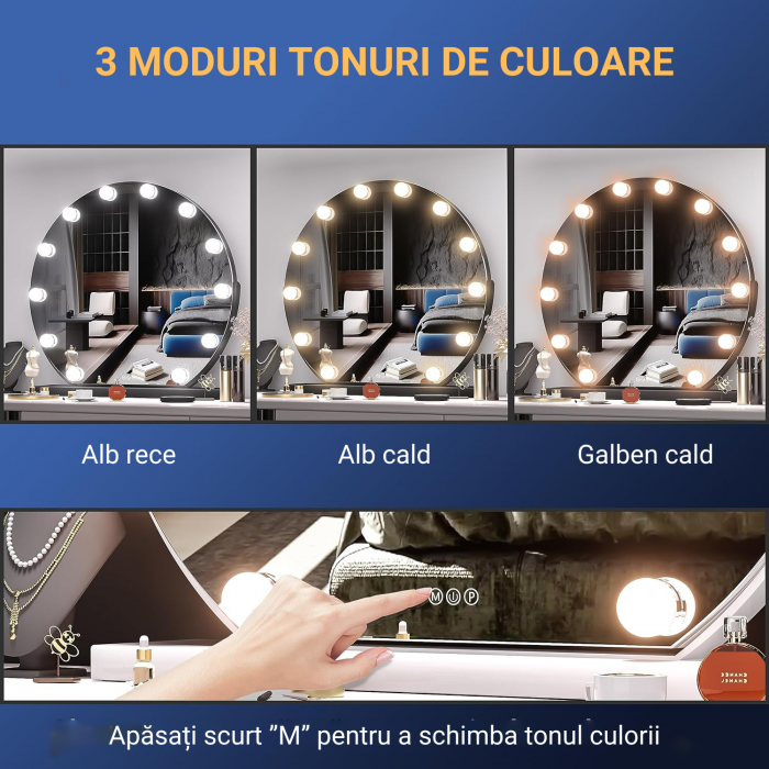 Oglinda pentru machiaj si cosmetica, Simply joy, cu led si touch, 3 tipuri de lumina, intensitate reglabila [5]