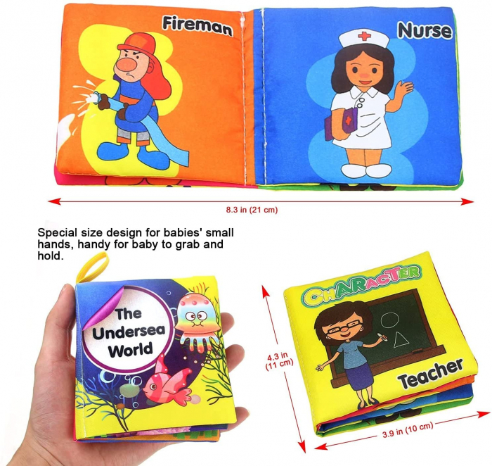 RESIGILAT - Set 8 carti senzoriale textile pentru bebelusi cu animale, animale marine, numere, fructe, forme, culori cu fosnaitoare si sunete, + 3 luni, Simply Joy, multicolor [5]