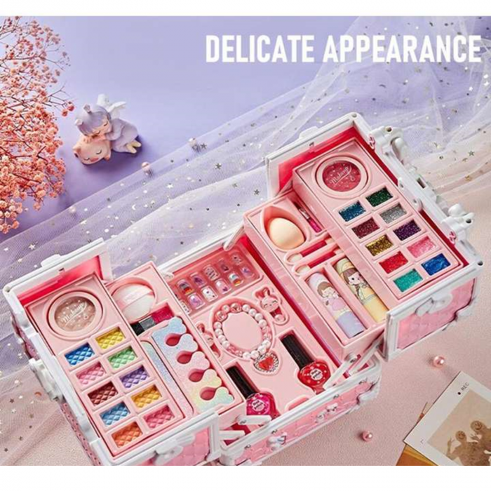RESIGILAT-Trusa de machiaj pentru copii, Set Make-Up Simply Joy, cu 47 de elemente pentru make-up, rujuri, farduri, oja, Design inedit, geanta cu maner pentru transport, pentru fetite de 3,4,5,6,7,8,9 [4]