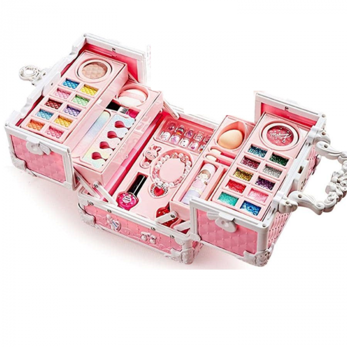RESIGILAT-Trusa de machiaj pentru copii, Set Make-Up Simply Joy, cu 47 de elemente pentru make-up, rujuri, farduri, oja, Design inedit, geanta cu maner pentru transport, pentru fetite de 3,4,5,6,7,8,9 [6]