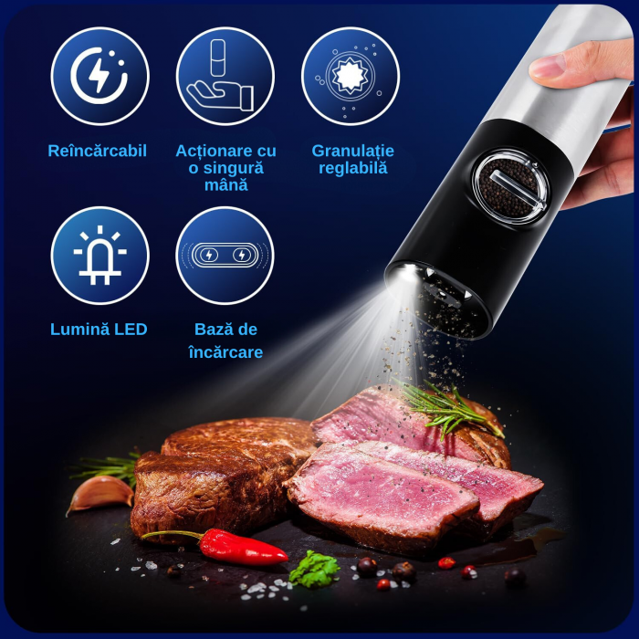 Set 2 rasnite electrice pentru sare si piper, Simply Joy, Reincarcabile, Cablu USB, lumina LED, Perie curatare, Stand pentru incarcare, Gri/Negru [2]