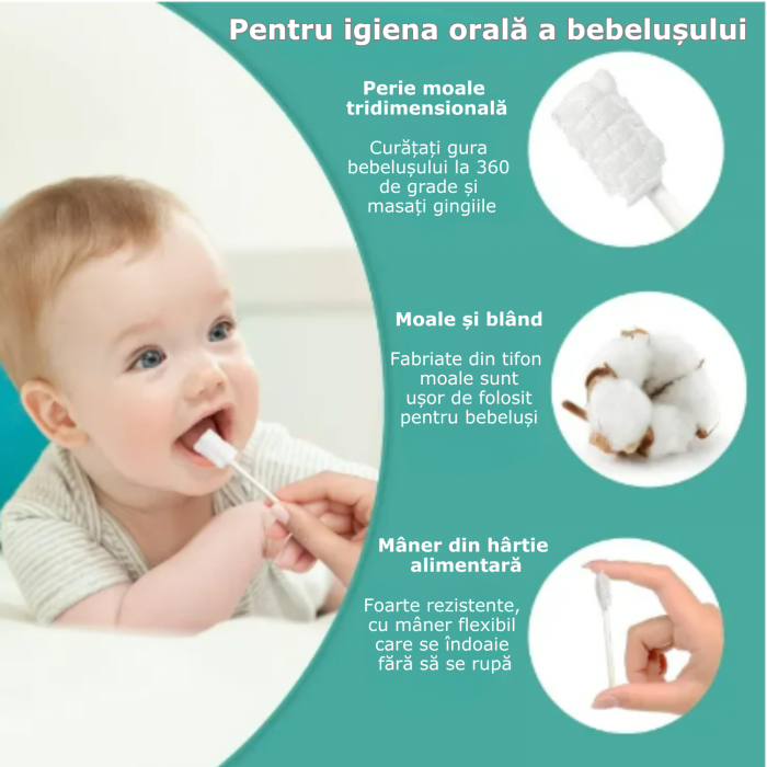 Set 30 bucati Periute de Dinti pentru Bebelusi Simply Joy®, Unica folosinta, pentru curatare limba, gingii si dinti sugari si copii, Ambalaj individual, Alb [3]