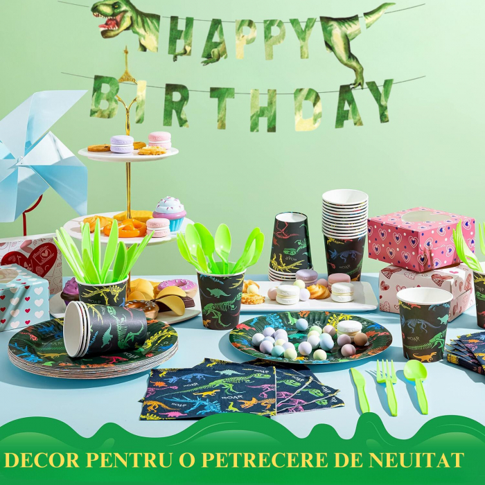 Set de accesorii petrecere aniversara, Simply Joy®, 145 Piese, Tematica Dinozauri, Banner “Happy Birthday”, Farfurii, Pahare, Servetele, Lingurite, Furculite, Cutite, Verde [2]