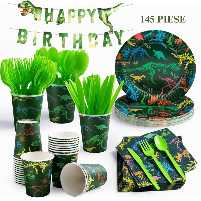 Set de accesorii petrecere aniversara, Simply Joy®, 145 Piese, Tematica Dinozauri, Banner “Happy Birthday”, Farfurii, Pahare, Servetele, Lingurite, Furculite, Cutite, Verde [7]