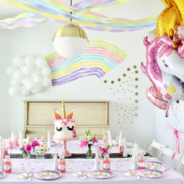 Set de baloane si accesorii petrecere aniversara, Simply Joy®, 164 Piese, Tematica Unicorn, Baloane, Banner “Happy Birthday”, Decor pentru tort, Farfurii, Pahare, Servetele, Lingurite, Furculite, Cuti [5]
