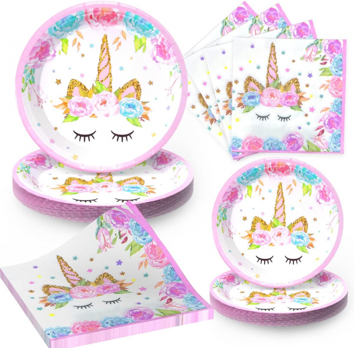 Set de baloane si accesorii petrecere aniversara, Simply Joy®, 164 Piese, Tematica Unicorn, Baloane, Banner “Happy Birthday”, Decor pentru tort, Farfurii, Pahare, Servetele, Lingurite, Furculite, Cuti [8]