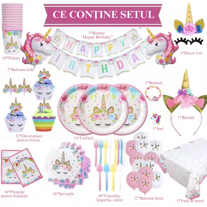 Set de baloane si accesorii petrecere aniversara, Simply Joy®, 164 Piese, Tematica Unicorn, Baloane, Banner “Happy Birthday”, Decor pentru tort, Farfurii, Pahare, Servetele, Lingurite, Furculite, Cuti [2]