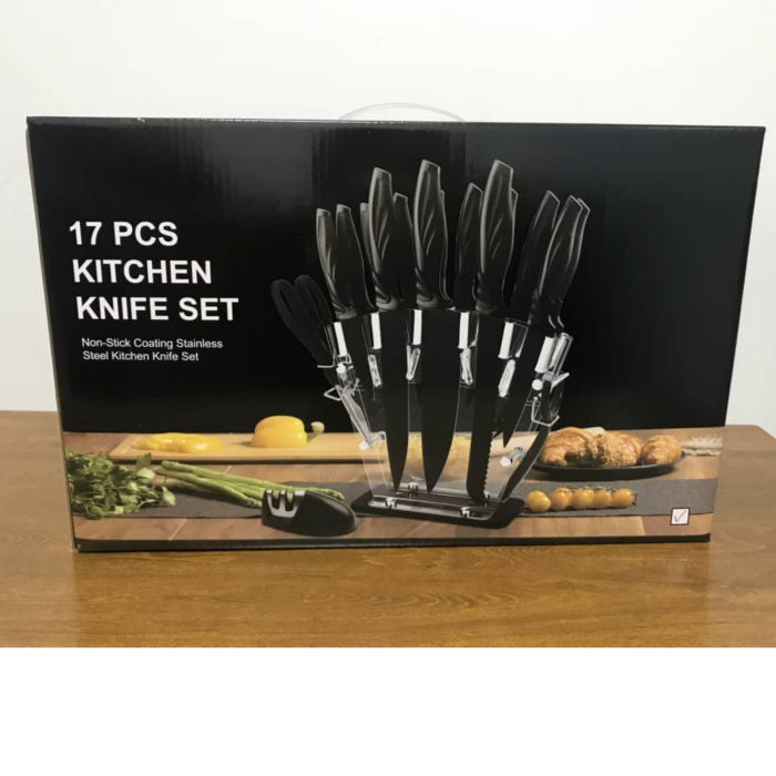 Set de cutite pentru bucatarie, Simply Joy, 17 piese, cu suport acrilic, Foarfeca si Dispozitiv de Ascutit inclus, plus Decojitor fruncte/legume, Otel Inoxidabil, Negru [6]