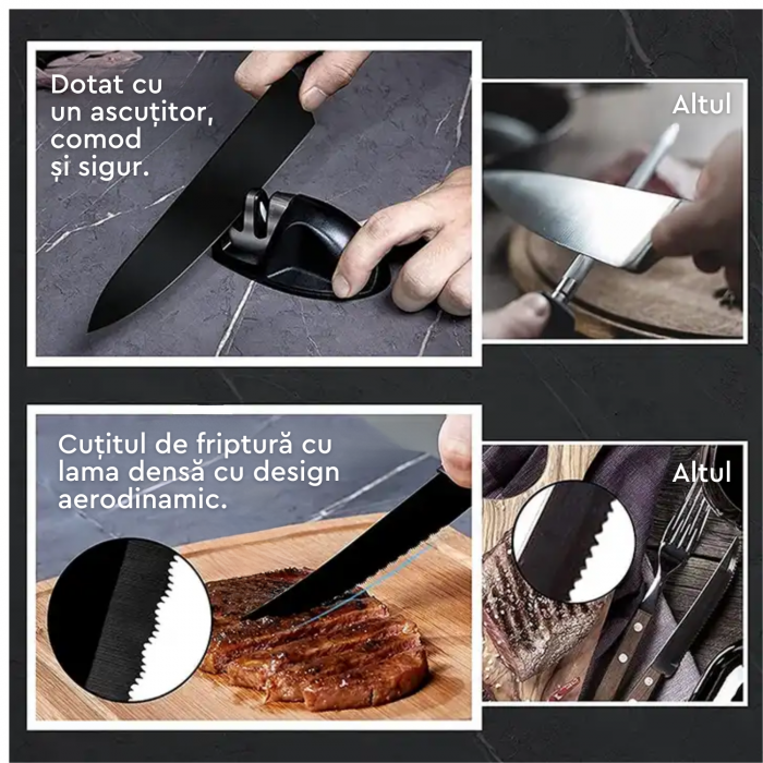 Set de cutite pentru bucatarie, Simply Joy, 17 piese, cu suport acrilic, Foarfeca si Dispozitiv de Ascutit inclus, plus Decojitor fruncte/legume, Otel Inoxidabil, Negru [3]