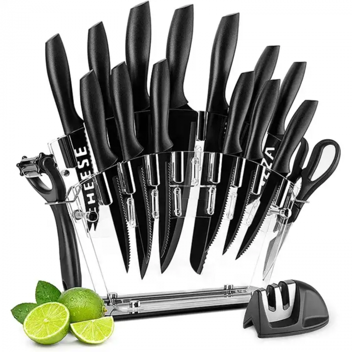 Set de cutite pentru bucatarie, Simply Joy, 17 piese, cu suport acrilic, Foarfeca si Dispozitiv de Ascutit inclus, plus Decojitor fruncte/legume, Otel Inoxidabil, Negru [5]