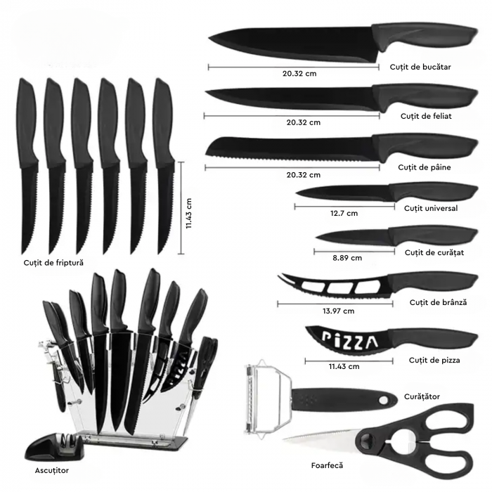 Set de cutite pentru bucatarie, Simply Joy, 17 piese, cu suport acrilic, Foarfeca si Dispozitiv de Ascutit inclus, plus Decojitor fruncte/legume, Otel Inoxidabil, Negru [2]