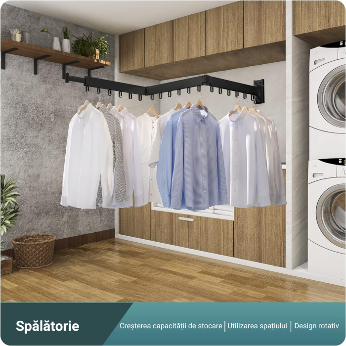 Suport de uscare pentru haine, Simply Joy, 114 cm, retractabil cu carlige, usor de instalat, uscator de rufe cu capacitate mare de incarcare, pentru balcon, baie, dormitor, negru [9]