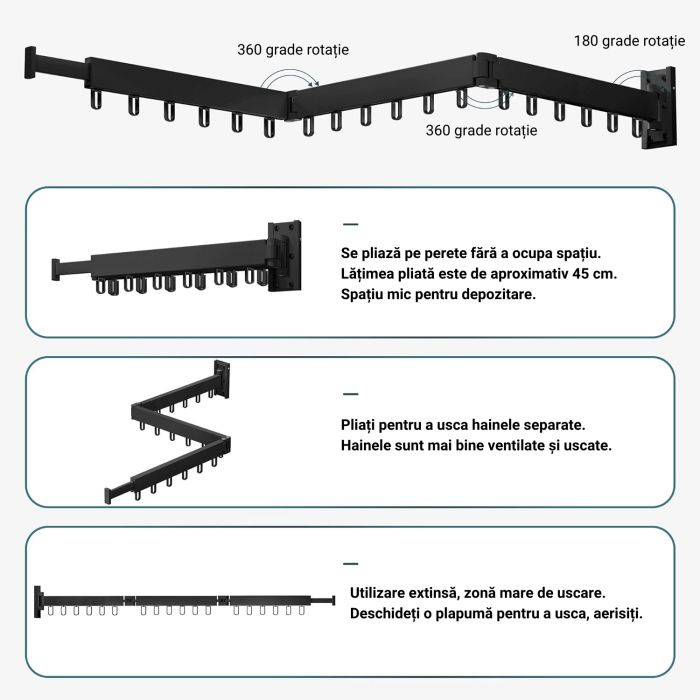 Suport de uscare pentru haine, Simply Joy, 114 cm, retractabil cu carlige, usor de instalat, uscator de rufe cu capacitate mare de incarcare, pentru balcon, baie, dormitor, negru [2]