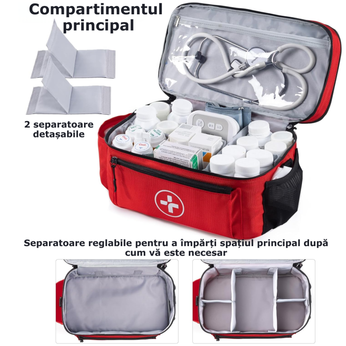 Trusa medicala de prim ajutor Simply Joy, organizator pentru medicamente si consumabile, Curea de umar detasabila si separatoare, Geanta medicala pentru casa/masina/calatorii, 40x23x18 cm, Rosu [3]