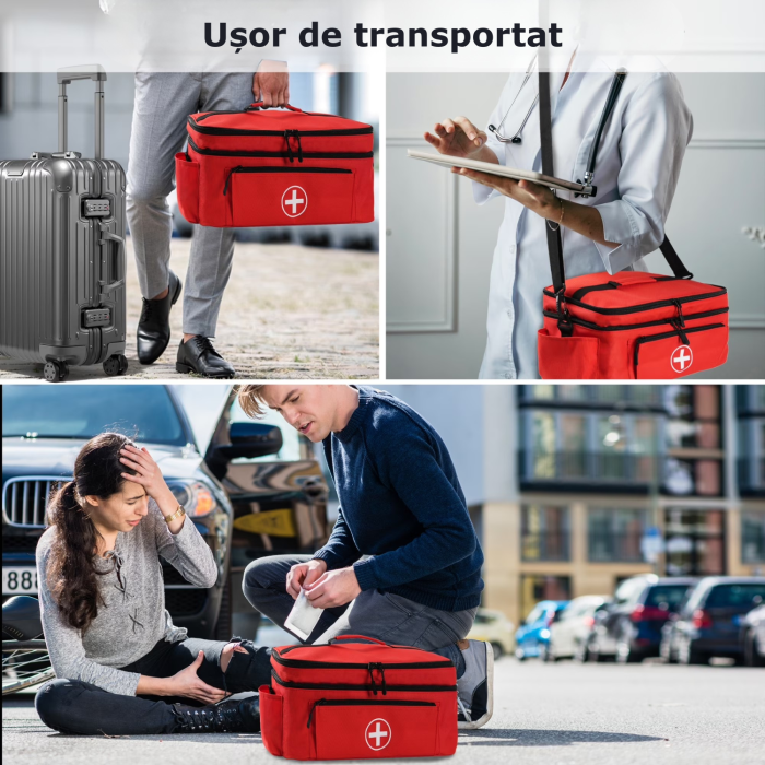 Trusa medicala de prim ajutor Simply Joy, organizator pentru medicamente si consumabile, Curea de umar detasabila si separatoare, Geanta medicala pentru casa/masina/calatorii, 40x23x18 cm, Rosu [6]
