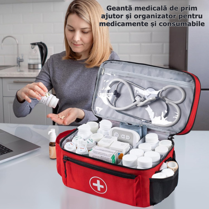 Trusa medicala de prim ajutor Simply Joy, organizator pentru medicamente si consumabile, Curea de umar detasabila si separatoare, Geanta medicala pentru casa/masina/calatorii, 40x23x18 cm, Rosu [7]
