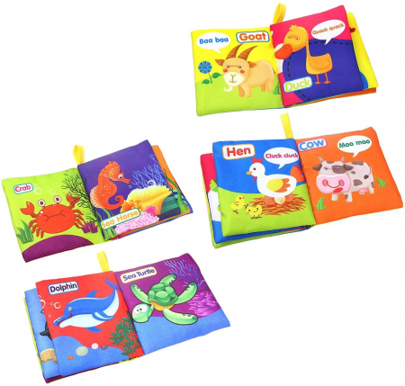 Set 8 carti senzoriale textile pentru bebelusi cu animale, animale marine, numere, fructe, forme, culori cu fosnaitoare si sunete, + 3 luni, Simply Joy, multicolor [4]