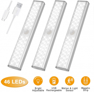 Set Corpuri de Iluminat - 2 lampi LED cu senzor de miscare, 46 led-uri puternice, fara fir, fara baterii cu reincarcare prin USB,cu suport magnetic, pentru dressing, dulap de bucatarie, baie, hol, sca [1]