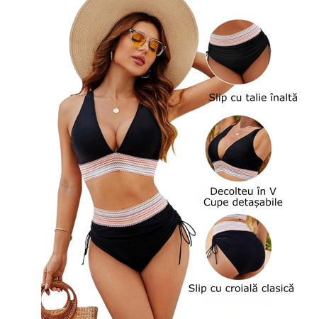 costum de baie 2 piese, negru cu snururi laterale [4]