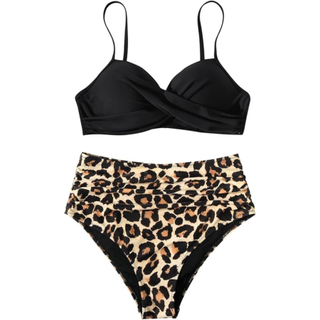 costum de baie 2 piese, negru cu imprimeu animal print [1]