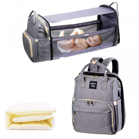 Geanta - Rucsac multifunctional pentru Scutece Bebelusi cu patut pliabil, Mamici si Copii, Gri [6]