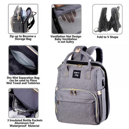 Geanta - Rucsac multifunctional pentru Scutece Bebelusi cu patut pliabil, Mamici si Copii, Gri [1]