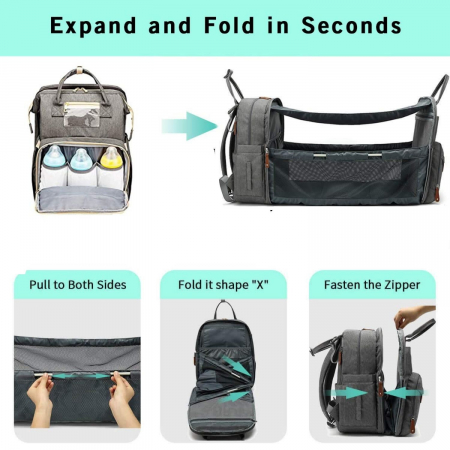 Geanta - Rucsac multifunctional pentru Scutece Bebelusi cu patut pliabil, Mamici si Copii, Gri [4]
